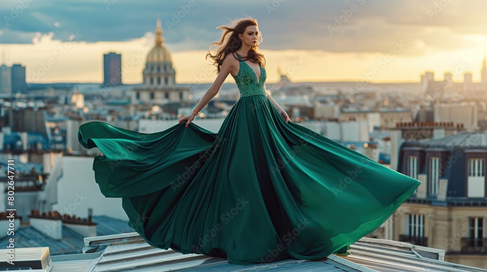 Naklejka premium Attractive brunette girl in a long emerald dress posing on the catwalk on the roof against the background of the city, fashion concept, model in a luxurious dress against the background of Paris urban