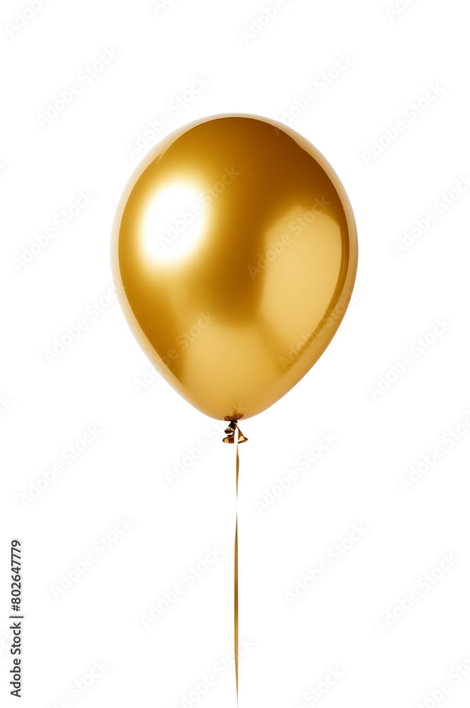 Shiny gold balloons on thin strings, floating against a pure white background. Generative AI