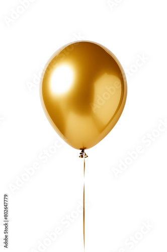 Shiny gold balloons on thin strings, floating against a pure white background. Generative AI
