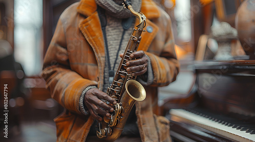 playing the piano,
A Man Plays Alto Saxophone over Piano Background photo