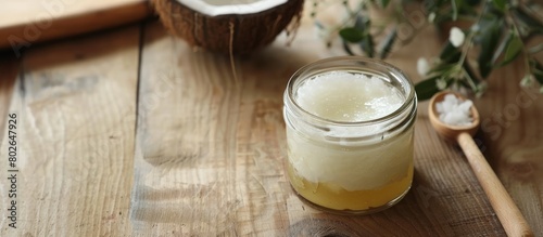 Glass jar containing new coconut oil opened on a wooden surface.