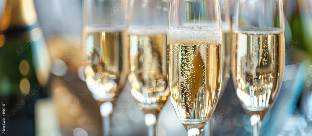 Champagne and sparkling wine glasses provided at a charity event, with a close-up of alcoholic beverages.