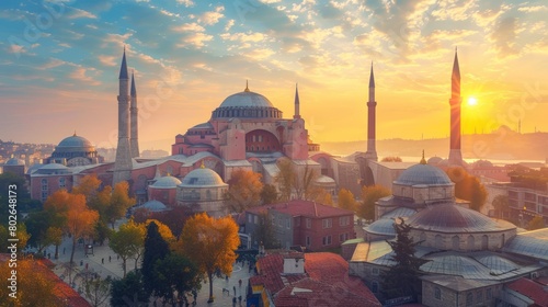 Beautiful view on Hagia Sophia from top view at sunset photo
