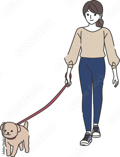 犬の散歩をする女性のイラスト