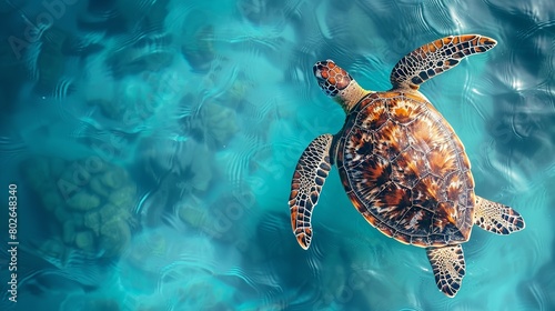 A top view and close shot of sea turtle swimming on blue ocean with a big space for text or product advertisement background, Generative AI.