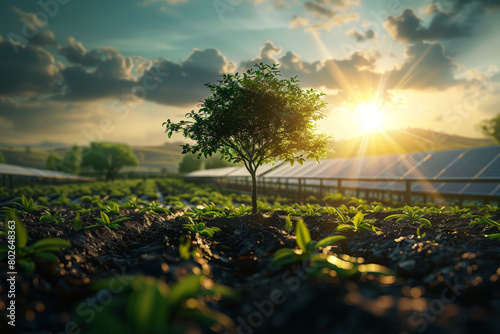 A small tree is growing in a field of solar cells .renewable energy and sustainable .AI generative