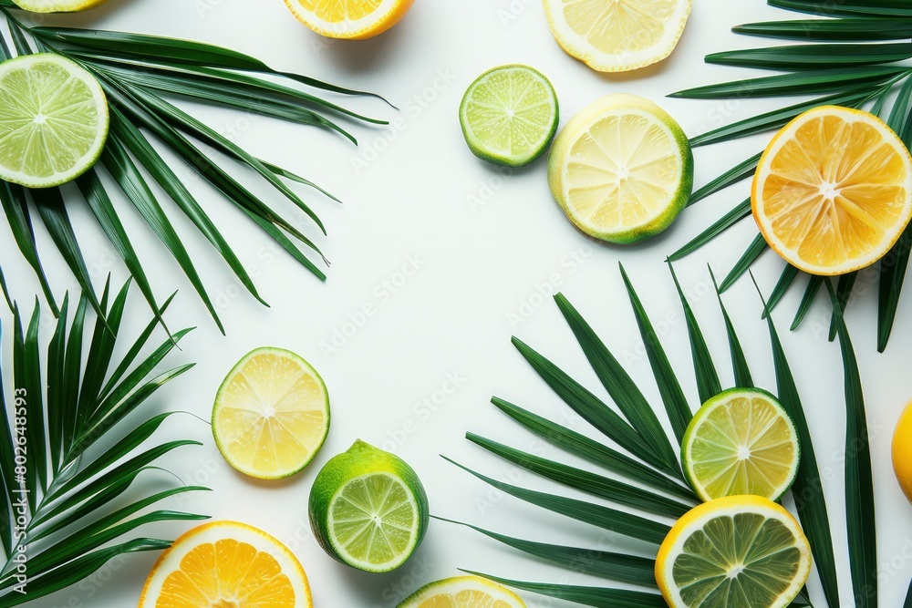 White background with palm leaves, lemon and lime slices. Modern product display for advertising and presentation of refreshing summer drinks, natural cosmetics - generative ai White background with palm leaves, lemon and lime slices. Modern product display for advertising and presentation of refreshing summer drinks, natural cosmetics - generative ai