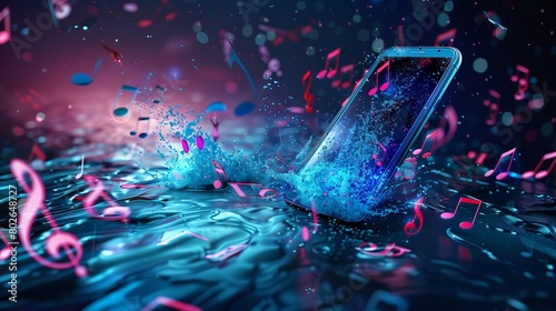 A smartphone flying with musical beats and waves illustration with music instrument concept against a clean blue backdrop and space for text, Generative AI. photo