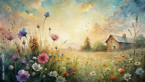 Watercolor background of wildflowers blooming in the garden