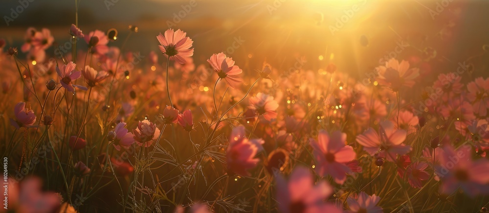 Cosmos blooms under the setting sun.