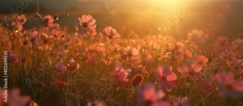 Cosmos blooms under the setting sun.
