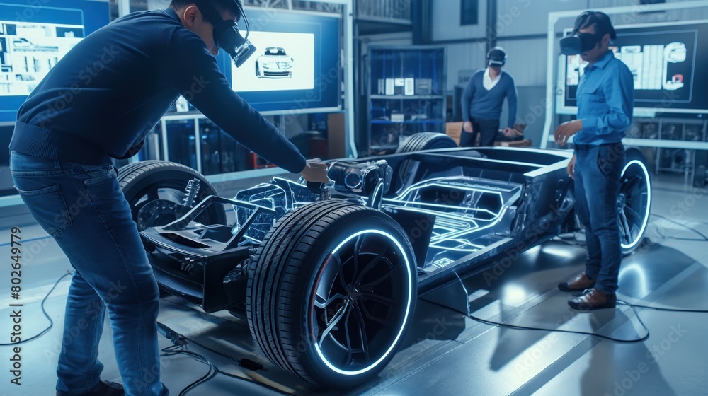 Team of Automobile design engineers working in virtual reality 3D model prototype of electric car. Automotive innovation technology facility. Team of Automobile design engineers working in virtual reality 3D model prototype of electric car. Automotive innovation technology facility.