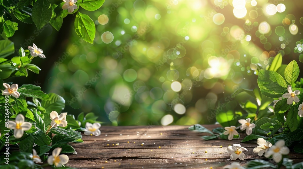 a wooden table with white flowers and vibrant green foliage set against a bokeh background perfect for adding text or displaying products.