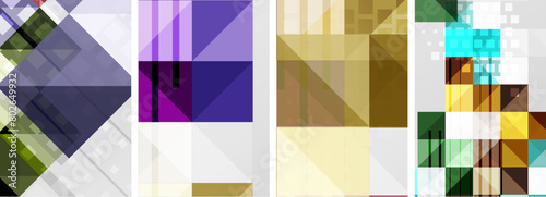 A collage of four rectangles in shades of purple, magenta, violet, and tints on a white background. The pattern resembles a window facade with a modern font design
