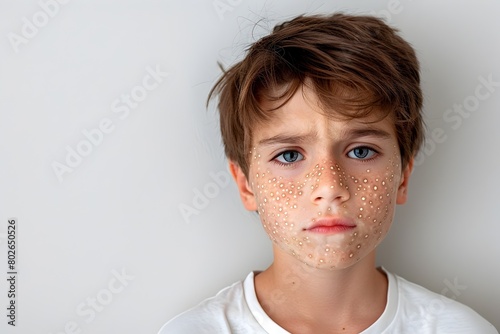 Young Boy with Chickenpox Facial Expression on Clean White Background photo
