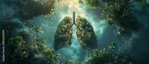 Lungs visualized as part of an enchanted forest with tree branches for bronchi and lush foliage set against a cloudy sky conveying the breath of the wild. photo