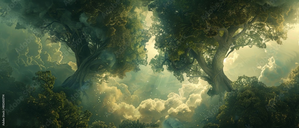 Obraz premium Majestic tree lungs set against the mystical depths of an enchanted forest with branches that meet in the middle beneath a cloudy sky symbolizing life s breath.