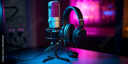 Headphones on stand and microphone in neon studio abstract background
 photo