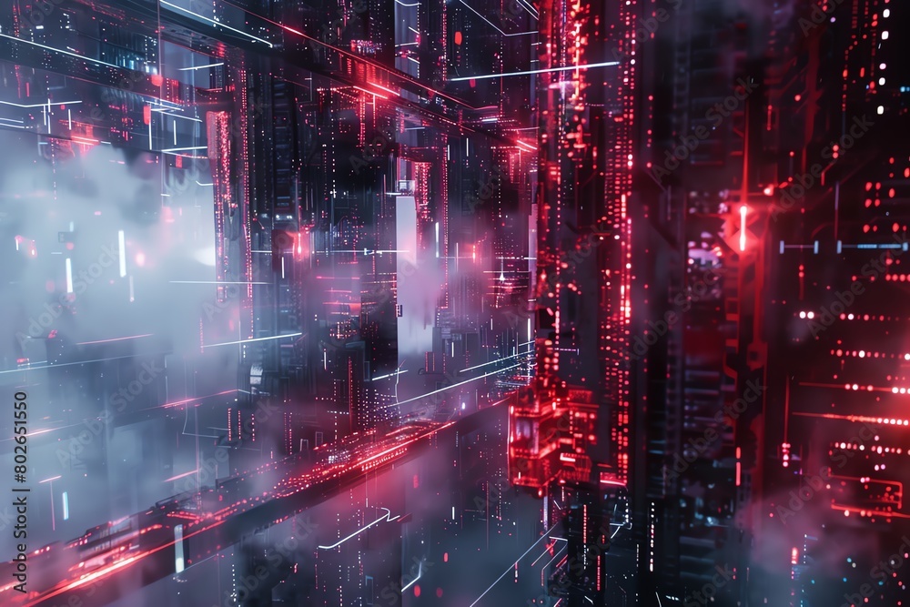 Cyber defense mechanism around computers, 4K, shimmering effects, frontal view, dark scifi environment