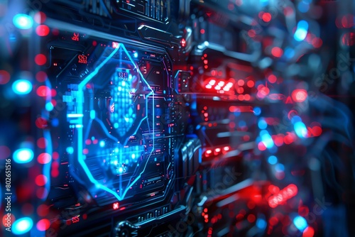 Virtual shield safeguarding a sophisticated computer network, 4K, high contrast lighting, angled shot, scifi look © Pniuntg
