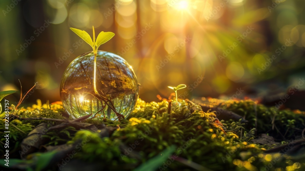 A small glass sphere with a green sprout inside on moss in a forest A small glass sphere with a green sprout inside on moss in a forest