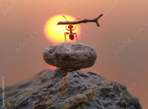 an ant holding thin sticks, stick resting above its head and body while standing on top a rock with sunset in the background. photo