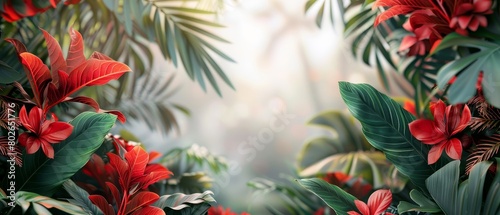 Tropical banner design featuring 3Drendered red and green leaves framing a central empty space for engaging and lively product showcases.