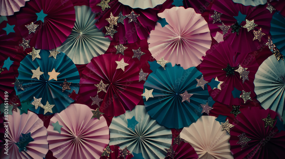 colorful paper rosettes with stars party decoration background