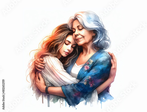 A middle aged mother and daughter hug each other happy mother's day concept watercolor art style
