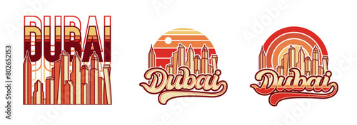 Dubai City Skyline Sunset Retro Vector Design