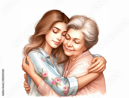 A middle aged mother and daughter hug each other happy mother's day concept watercolor art style