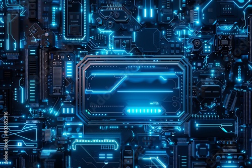 Cybersecurity shield around a network of computers, 4K, neon blue circuits, scifi tone, top view