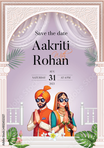Traditional royal Punjabi wedding invitation card design with bride and groom save the date invite