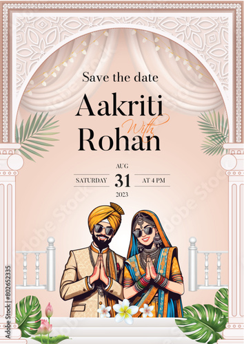 Traditional royal Punjabi wedding invitation card design with bride and groom save the date invite