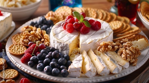 A delectable spread of artisanal cheeses such as tangy Roquefort creamy Camembert and nutty aged cheddar beautifully arranged with a mix of juicy berries crispy crackers and honeyroasted