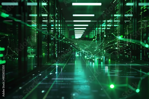 Network nodes under a glowing cyber shield  4K  hightech room  green digital pulses  side angle