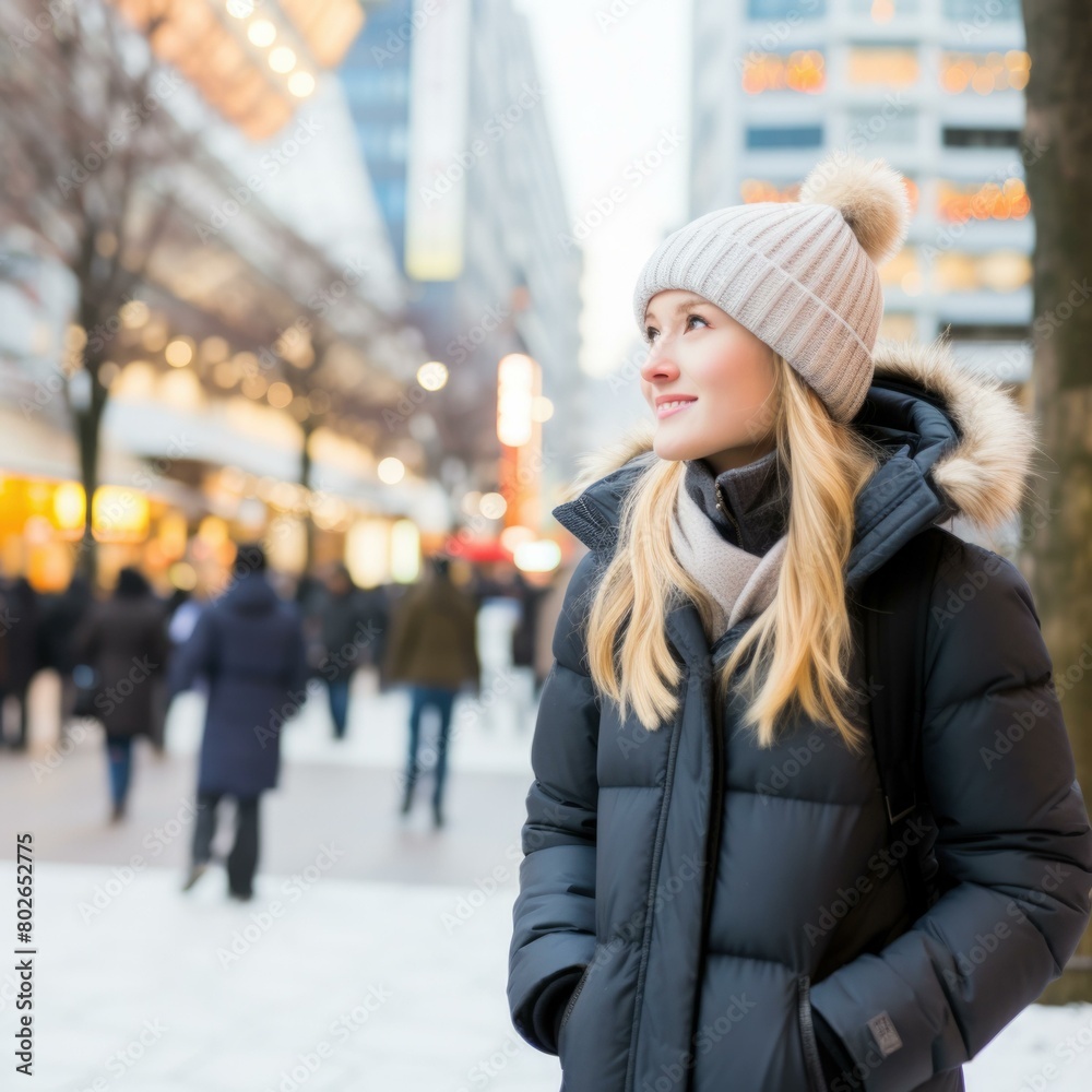 A young woman wearing a winter coat and hat smiles as she looks away from the camera. AI.