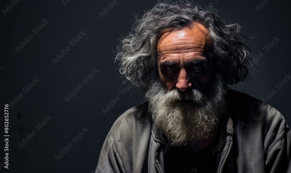 Portrait of an old man with a long white beard and wild hair, looking at the camera with a serious expression. AI.