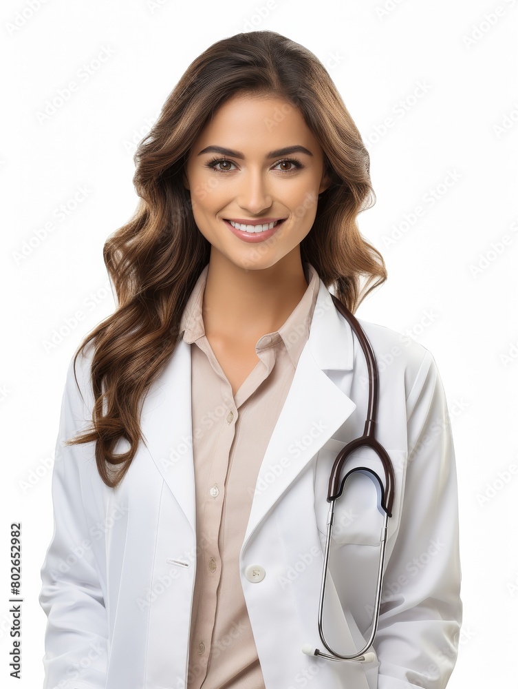 Confident female doctor in white coat with stethoscope around neck. Confident female doctor in white coat with stethoscope around neck.