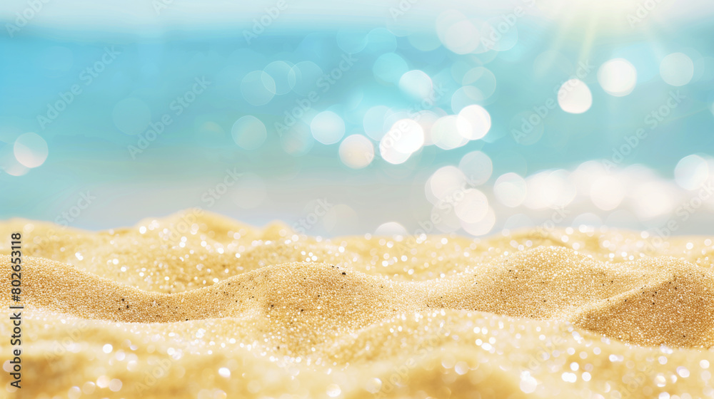 A beach with a blue ocean and a sandy shore. The sand is white and the water is calm A beach with a blue ocean and a sandy shore. The sand is white and the water is calm