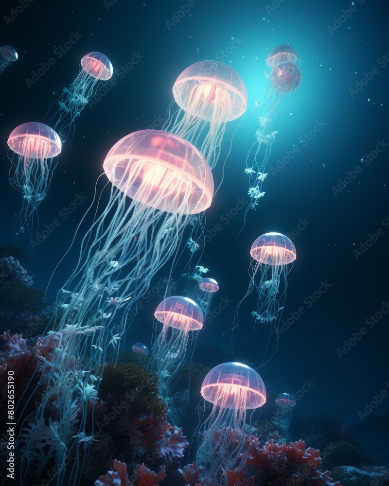 Glowing jellyfish illuminate the deep blue sea creating a mesmerizing and enchanting scene. Glowing jellyfish illuminate the deep blue sea creating a mesmerizing and enchanting scene.