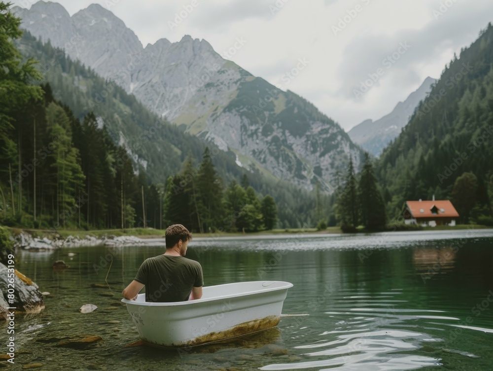 A man sits in a bathtub in a lake surrounded by mountains. AI.