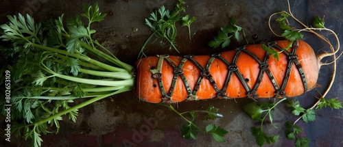 A carrot is dressed up in a corset made of green beans. AI. photo