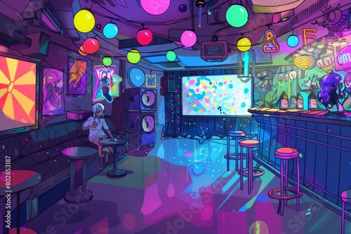 Cartoon cute doodles of a lively Japanese karaoke bar where characters sing their hearts out to classic J-pop songs, accompanied by colorful disco, Generative AI