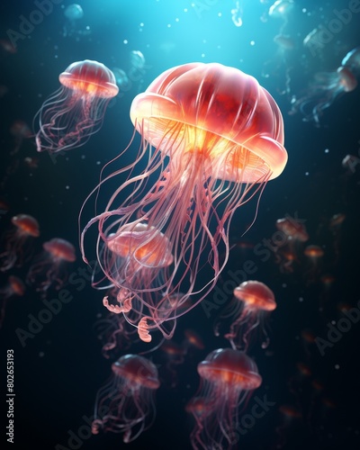 Glowing jellyfish illuminate the deep blue sea. © sorrakrit
