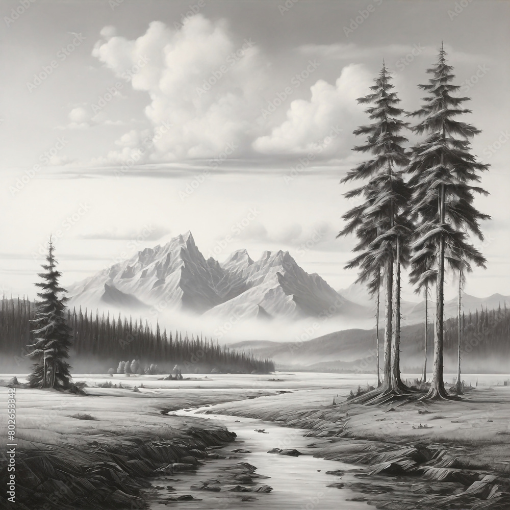 hyperrealistic monochromatic image of trees and mountains in the distance