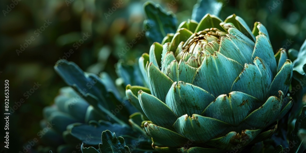 Fototapeta premium A close-up image of a green artichoke. AI.