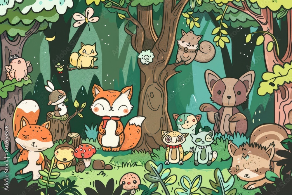 Fototapeta premium Cartoon cute doodles of a magical forest inhabited by mythical creatures from Japanese folklore, such as kitsune (fox spirits), tanuki, Generative AI 