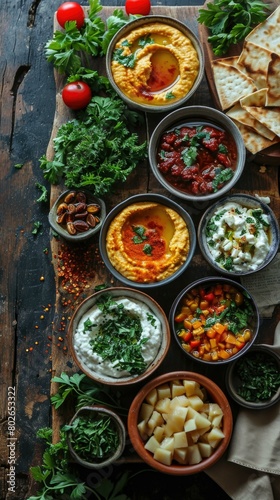 A variety of Mediterranean mezze dishes are arranged on a wooden table. AI.