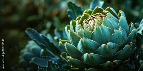 A close-up image of a green artichoke. AI. photo